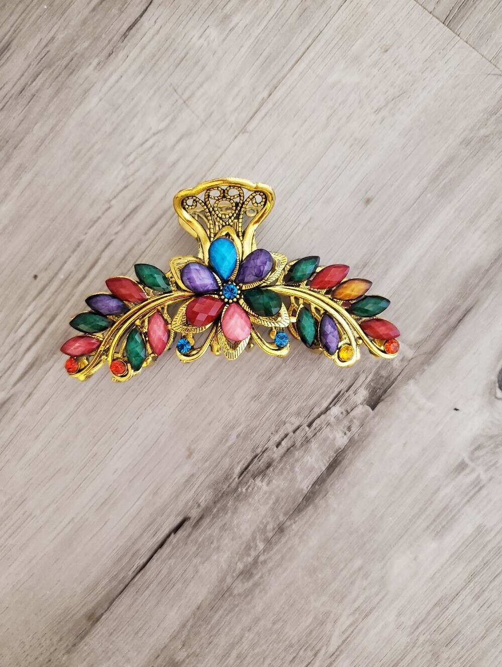 Vintage Turkish Style Gold Metal Multi-Color Floral Hair Claw Clip Large Barette - Picture 2 of 3